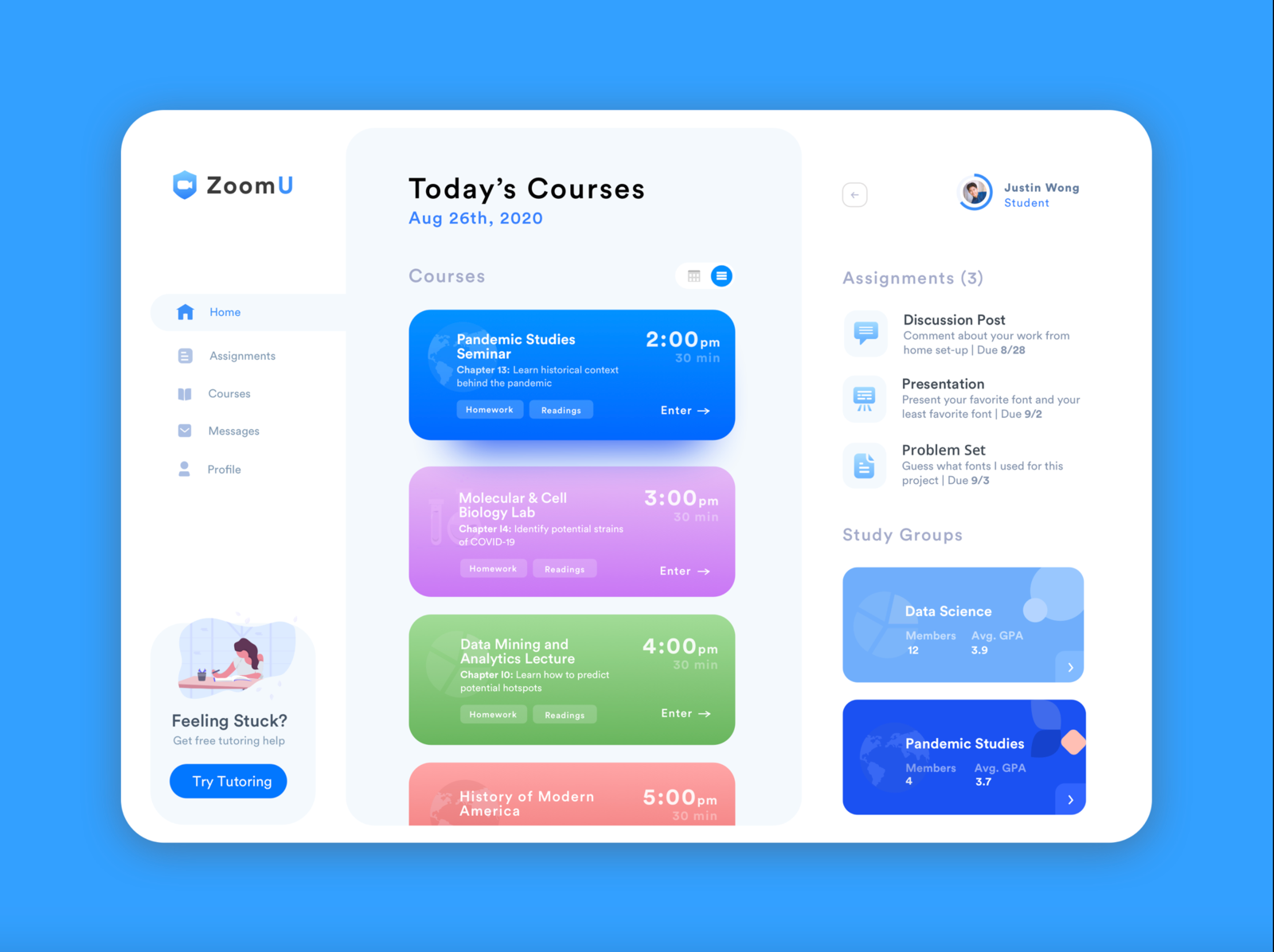 Zoom University Dashboard Concept by Justin Wong on Dribbble