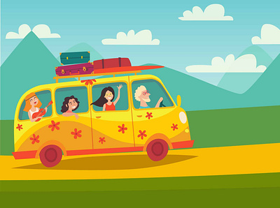 Hippie travel bus art background bus card cartoon character design flat happy hippie icon illustration illustrator people vector