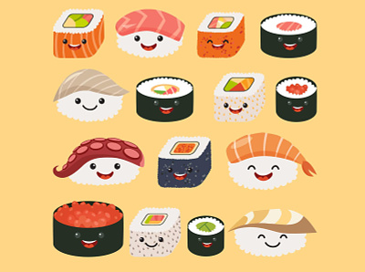 Funny sushi characters art card cartoon character design flat icon illustration illustrator sushi sushi logo sushi roll vector