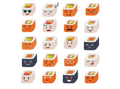 Funny sushi stickers art background card cartoon design flat icon illustration illustrator sticker design stickers sushi sushi logo sushi roll vector