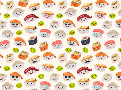 Funny sushi pattern art background card cartoon design flat icon illustration illustrator pattern art seamless pattern sushi sushi roll vector