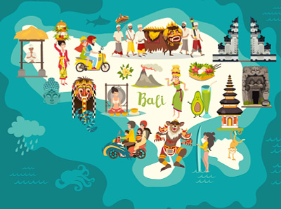 Baliland atlas bali balinese card cartoon flat icon illustration illustrator map poster vector vector illustration