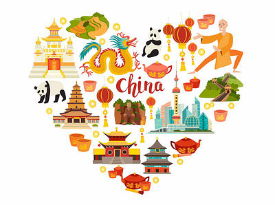 China landmarks art asia card cartoon character china chinese concept icon shanghai travel vector