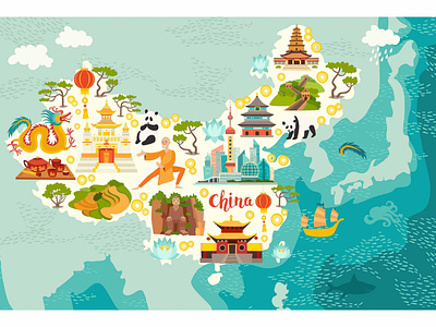 Illustrated map of China abstract atlas card cartoon cartoon map children china chinese flat illustration landmarks map vector