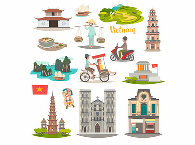 Vietnam landmarks background card cartoon flat illustration illustrator landmarks set vector vietnam vietnam designer vietnam landmarks vietnam landmarks vietnamese