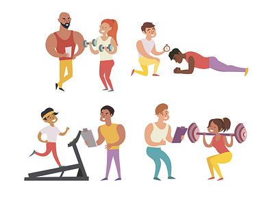 Training in the gym card cartoon character design flat gym healthy lifestyle icon illustration illustrator training vector