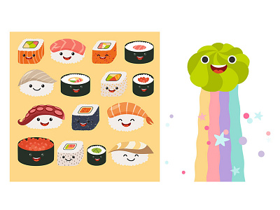Happy sushi animation cartoon chara flat graphic design icon illustration illustrator motion graphics stickers vector
