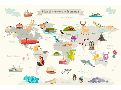 Cartoon World Map animals map card cartoon children poster flat illustration illustrator map vector vector map world map