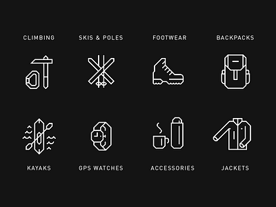 Product category icons for Hardhaus backpack climbing icon iconography illustration jacket kayak products shoes symbols watch