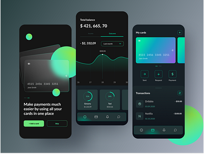 Glassmorphism - Banking app UI application bank dark mode design glassmorphism mobile mobile app design ui ux wallet