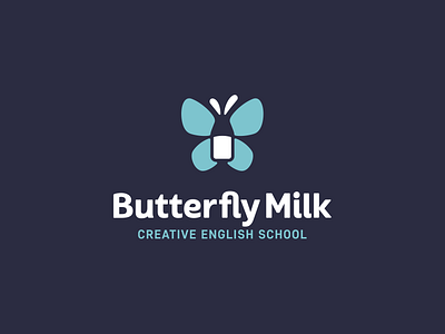 ButterflyMilk Creative English School animal logo animation bottle branding butterfly children creative fun gif identity insect kids logo milk negative space playful school