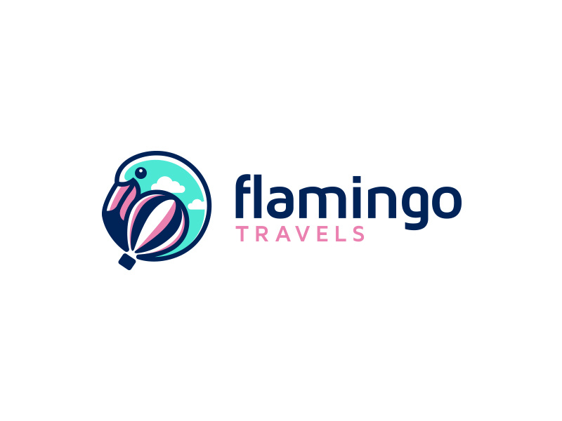Flamingo Travels traveling clouds sky hot air balloon creative logo flamingo travel agency