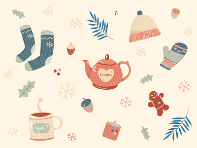 Winter pattern christmas cosy design illustration mittens pattern snowflakes tea vector winter