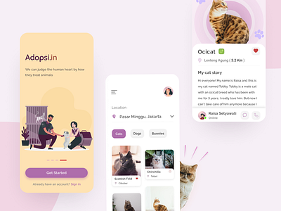 Pet Adoption App - Adopsi.in adoption app cat design illustration mobile mobile app mobile design onboarding pet care pets ui ux visual design