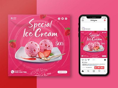 Ice cream summer social media promotion post design template ban