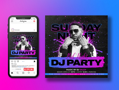 Club dj party flyer social media post and web banner template neon