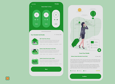 Greenorest App - book and join tours to green forests and parks. app branding design flat illustration minimal ui ux vector