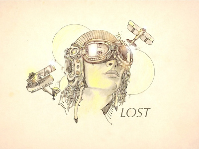 Amelia Earhart "Lost" aviator color pencil drawing flight goggles lost plane