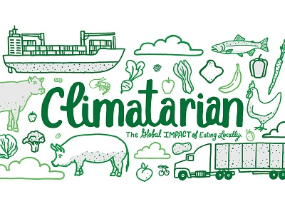 Climatarian beef chicken climatarian climatechange eatlocal fish fruit globalwarming illustration lettering pork vegetables