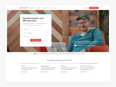 Gusto.com homepage benefits gusto homepage hr landing page payroll web design