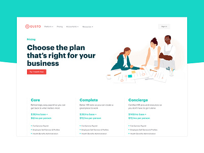 Detail of Gusto pricing page benefits gusto hr illustration payroll pricing subscription tiers web design