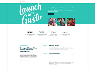 Launch with Gusto landing page college gusto jobs landing page recruiting students university web design