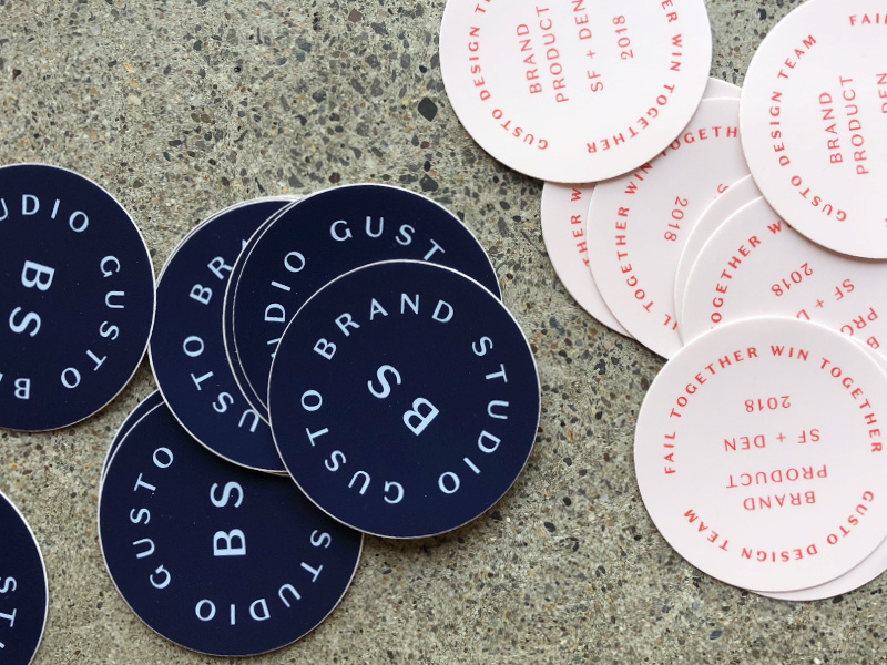 Gusto Design Stickers swag product design logo seal design team gusto brand stickers