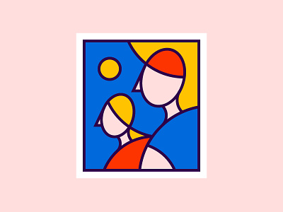 She & He blue man mid-century pink red simple sun woman yellow