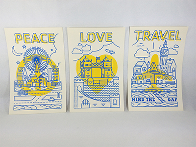 Peace Love Travel blue poster screen print simple vector yellow