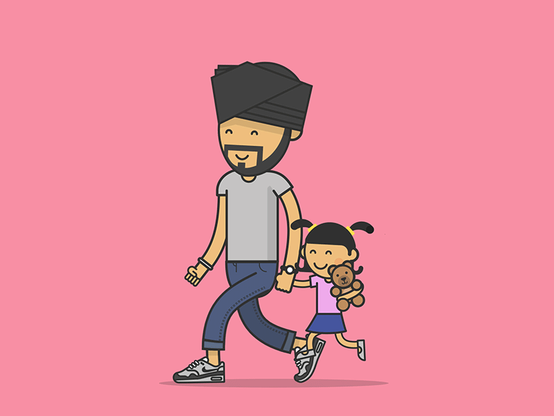 Taking a walk with my daughter animation character flat illustration girl illustration man nike pigtails sneakers turban vector walk cycle