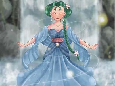 Harvest Goddess anime animeart background forest girl goddess illustration water watercolor waterfall