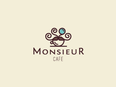 Monsieur cafe bar brand cafe coffe concept creative logo cup logo mark monocle monsieur moustache smoke