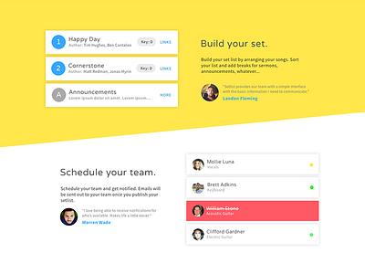 Setlist Landing Page avatar diagonal material material design music quotes scheduling shadows testimonials
