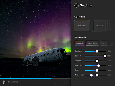 Daily UI #7: Settings daily ui dark form gradients play scrubber select settings slider tv video