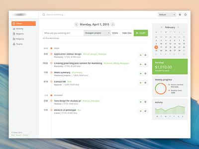 Timer App activity calendar charts clean dashboard interface measure navigation progress time timeline ui
