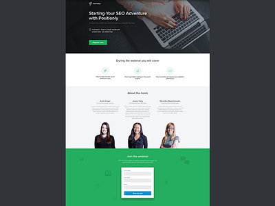 Positionly webinar landing page forms green landing layout page positionly product promo register registration seo webinar