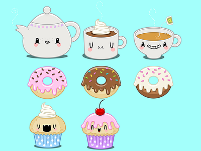 Tea Time cocoa cupcake cute doughnut tea tea time teapot vector graphics