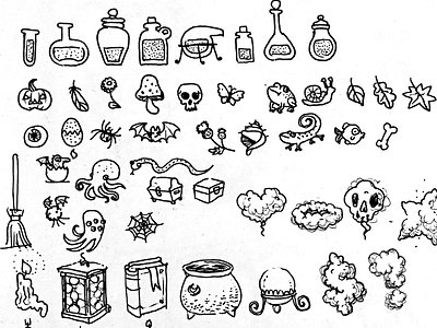 Scribbles broom butterfly dragon eyeball frog ink graphics lizard mushroom potions skull spider