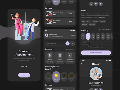 👩‍⚕️ Medical Mobile App Design 👩‍⚕️ clinic dark dark ui doctor app doctor appointment ecommerce finance health healthcare home hospital illustration intro ios medical app mobile mobile app ui uiux welcome screen