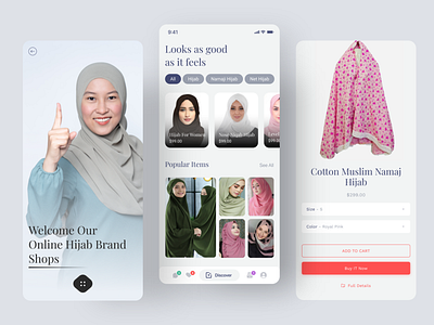 Hijab Online Mobile App appui appuiux brand clean dress ecommerce fashion figma finance hijab hijabi hijabiwomen mobile app mobiledesign mockups mordern newdesign online shop onlineshop trend