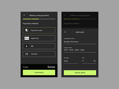 DailyUI #002 - Credit Card Checkout app design app designer application cash colordesign contrast credit card dailyui dailyuichallenge dark dark mode design green minimal payment ui ux