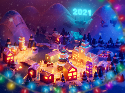 Village New Year 3dillustration 3dmodeling blender illustraion illustration isometric low poly lowpoly lowpolyart