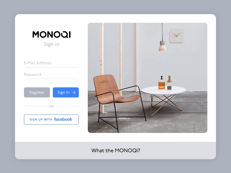 Monoqi Login Screen animation card concept flip login monoqi register screen simple ui web