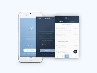 Nutric app goals health interaction login login screen sign up signup ui ux visual welcome