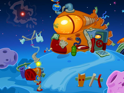 Space Hobo's Home 2d background cartoon crash game illustration meteors moshi monsters space ship