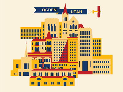 Annual Report Cover for Ogden, Utah airplane architecture art deco building historical illustration ogden utah vector