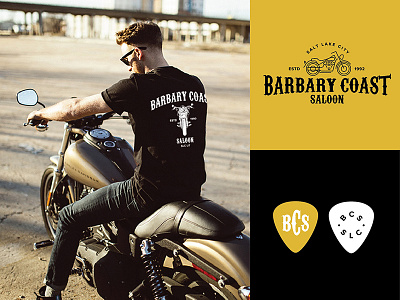 Barbary Coast Brand Elements bar barbary coast brand guitar pick harley davidson identity illustration logo mark motorcycle saloon vector