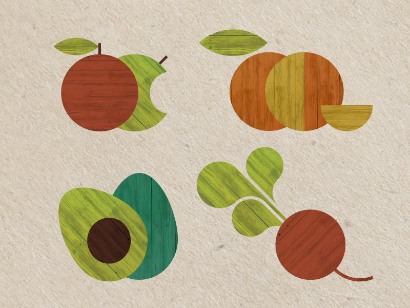 Farmers Market Poster Illustrations branding brand design wood grain farmers market avocado beet radish clementine tangerine orange apple produce vegetables fruit illustrator texture vector illustration