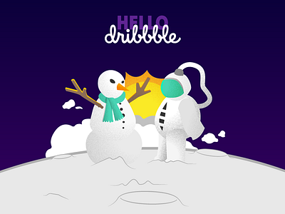 Hello Dribbble! absurd astronaut dribbble hello illustration moon snowman space spaceman sun