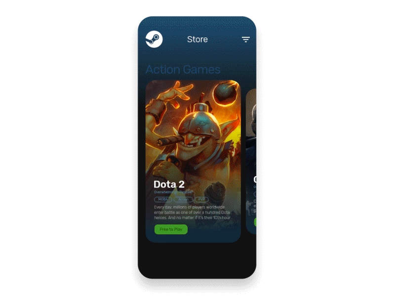 Steam Store Mobile App Re-Design (Concept Prototype) adobe xd app clean concept cs:go dailyui dota 2 flat game mobile prototype redesign steam store